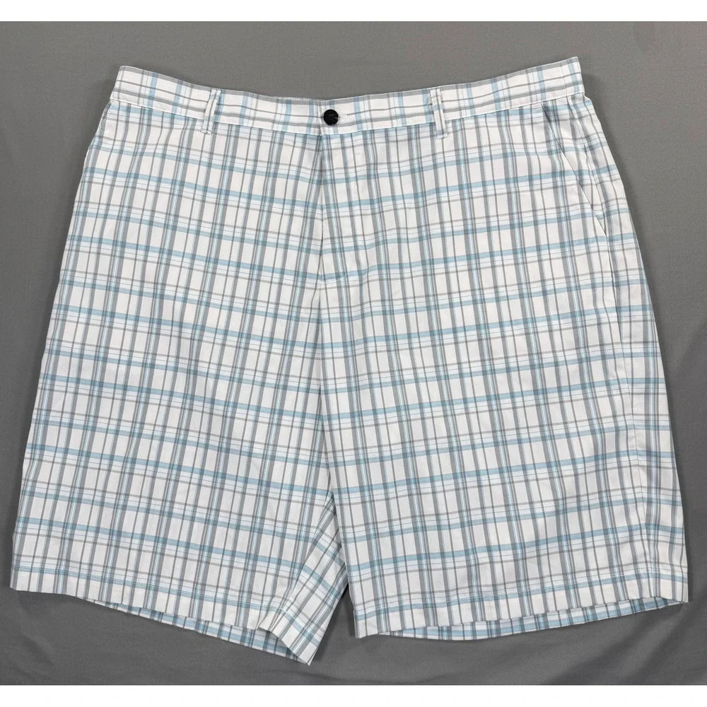 Adidas Golf Shorts Mens 42 White Blue Gray Plaid Flat Front Casual Golf 42